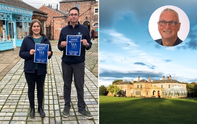 Split image of Preston Park staff holding up national award in Victorian Street and Preston Park with headshot of Councillor Steve Nelson