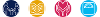 Set of four icons with one dark blue with a family, one yellow with a book, once pink with hands holding a heart, and one light blue with a weighing scale