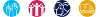 Set of four icons with one light blue with hands up, one pink with three people with arms up, one dark blue with a thumbs up and two hearts, and one yellow with an ambulance