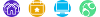 Set of four icons with one purple with three houses, one yellow with a calendar, one light blue with a laptop and one green with handcuffs