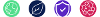 Set of four icons with one green with the world, one dark blue with a leaf, one purple with a shield, and one pink with the recycling symbol