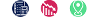Set of three icons with one dark blue with a calculator, form and pen, one pink with a graph and arrow pointing downwards, and one green with a location symbol