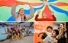 Three photos of children participating in HAF activities. Top photo is of two children under a parachute, bottom left in a group of children swimming and bottom right in a of group of children