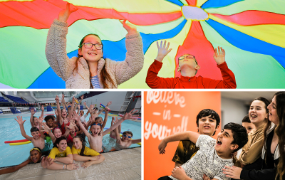 Three photos of children participating in HAF activities. Top photo is of two children under a parachute, bottom left in a group of children swimming and bottom right in a of group of children