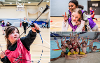 Three images from HAF programme showing archery, swimming and kids playing