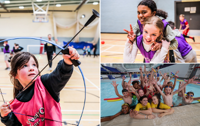 Three images from HAF programme showing archery, swimming and kids playing
