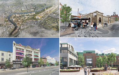 Image montage with 4 images showing drone image of Thornaby and Stockton, CGI Image of new Shambles Market with people sat outside, CGI image of repurposed Debenhams building in Stockton town centre and CGI image of repurposed building in Stockton