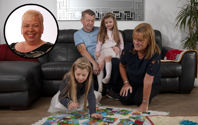 Image of foster carers with children and cabinet member Clare Besford in top left corner