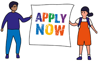 School admissions image with 2 pupils holding up an 'apply now' sign