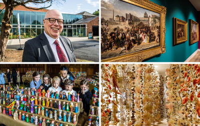 Collage of 4 images from Preston Park including Councillor Nigel Cooke, framed images of Stockton and Darlington railway, a group of children looking at peg doll designs, and a dried flowers display