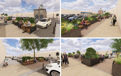 4 images of proposed Yarm high street parking and seating
