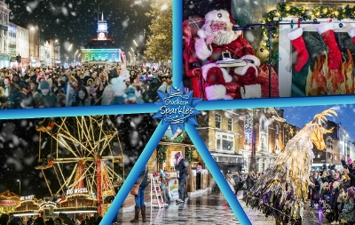 Five images associated with Stockton Sparkles 2025 wrapped in a blue ribbon and bow