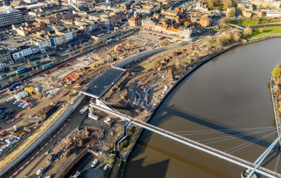 Aerial image of the works on Stockton Waterfront Urban Park