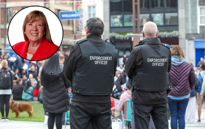 Image of Stockton-on-Tees Enforcement Officers in Stockton Town Centre with Cllr Norma Stephenson in thumbnail