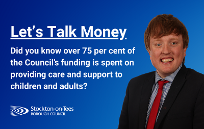 Image of Cllr Paul Rowling with Let's Talk Money Stockton-on-Tees Borough Council graphic