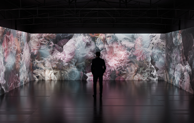 Image of a person stood inside the Perfume exhibition, a  colourful sound and light installation at Preston Park Museum