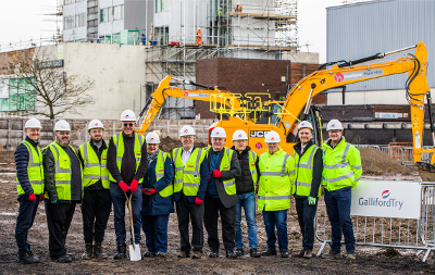 Image of works underway of the new, state-of-the art Thornaby leisure centre with Cllr Richard Eglington