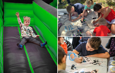 Three images of Holidays Are Fun Easter Activities including kids crafting and toddler sliding