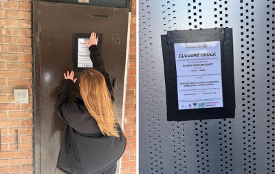 Two images of closure order being placed at High Newham Court, Hardwick, Stockton-on-Tees
