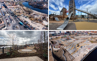 Four images showing the progress of Stockton Waterfront Urban Park including slides, garden and amphitheatre