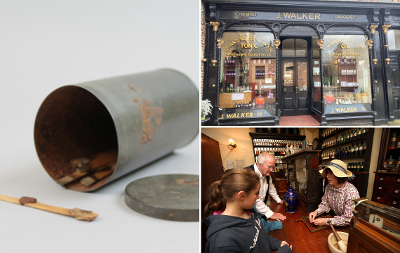 Three-way grid of Friction Match and John Walker's chemist shop at Preston Park Museum