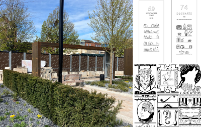 Three images showcasing Stockton Waterfront Urban Park, John Walker's chemist store, Doggarts North East department store and tarot cards from six characters showing Stockton's history
