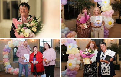 Four images of foster carer award winners with Cllr Clare Besford and Majella McCarthy