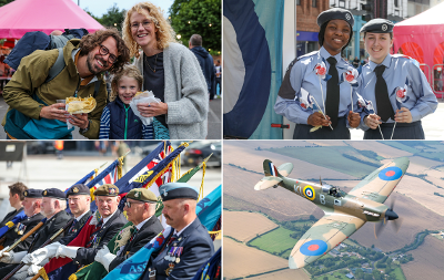 Four images of Armed Forces Day celebrations set at the new Stockton Waterfront urban park including the famous RAF Battle of Britain Memorial Flight