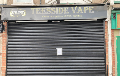 Teesside Vape shop with closure order notice attached to closed shutter
