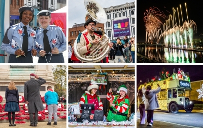 Six images of events to look forward to in 2026 in Stockton-on-Tees, including Armed Forces Day, SIRF, Stockton Fireworks, Remembrance Sunday, Stockton Sparkles and Santa on Wheels 