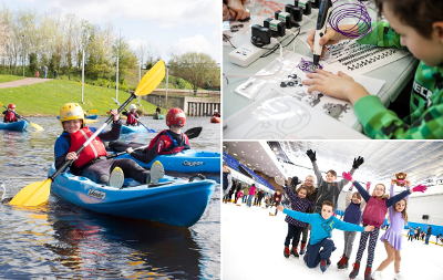 Collage of images for Holidays are Fun programme including a group of children ice skating, children canoeing on the river and a child using a 3D pen