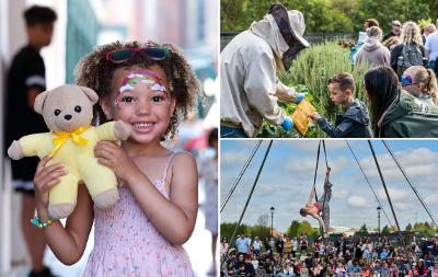 A collage of a little girl holding a teddy bear, children with a beekeeper and a circus act with crowds